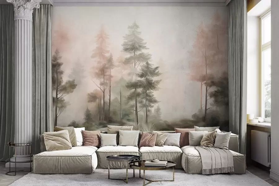 Fotobehang Een bos met een rijke textuur, met hoge dennenbomen in tinten groen en roze, en een lichte mist w09982