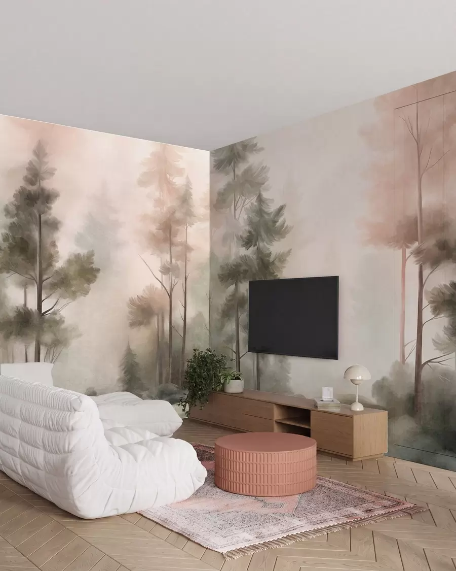 Fotobehang Een bos met een rijke textuur, met hoge dennenbomen in tinten groen en roze, en een lichte mist w09982