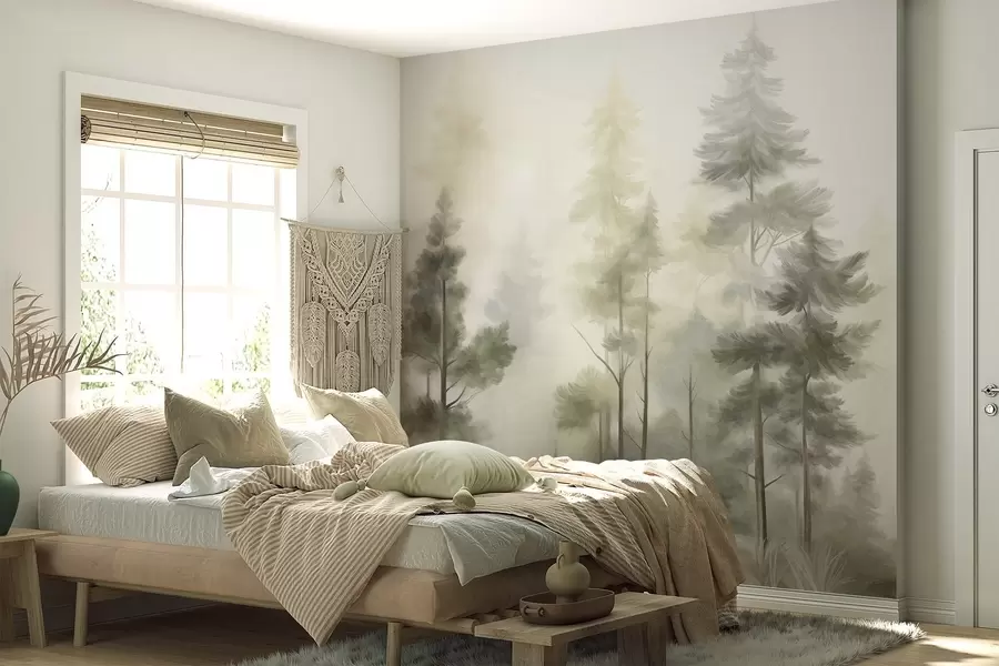 Fotobehang Een bos met een rijke textuur, met hoge dennenbomen in groene en gele tinten, en een lichte mist w09982v2