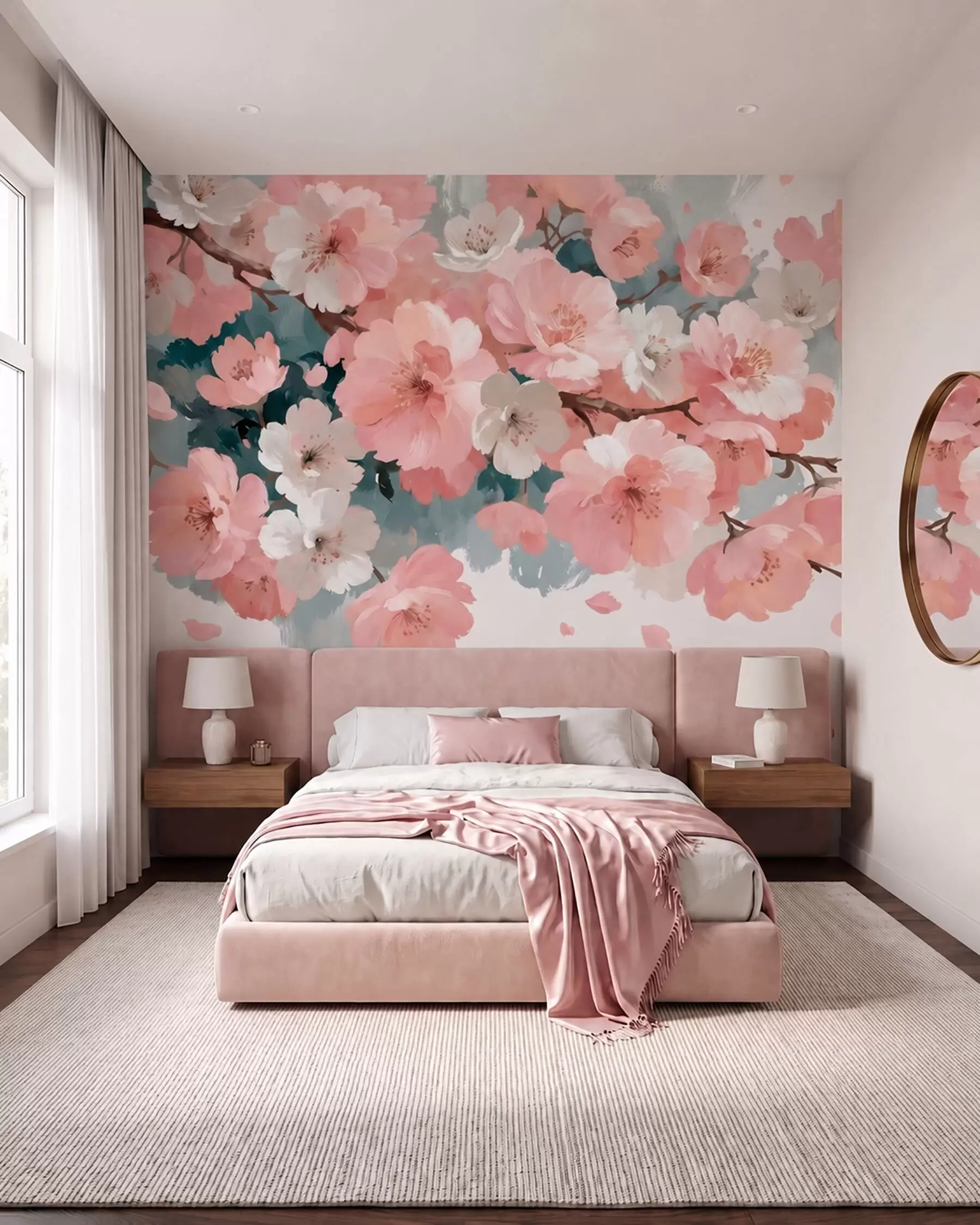 Papier peint photo Fleurs de cerisier en pleine floraison, roses et blanches, dans un style de peinture à l'huile w09912