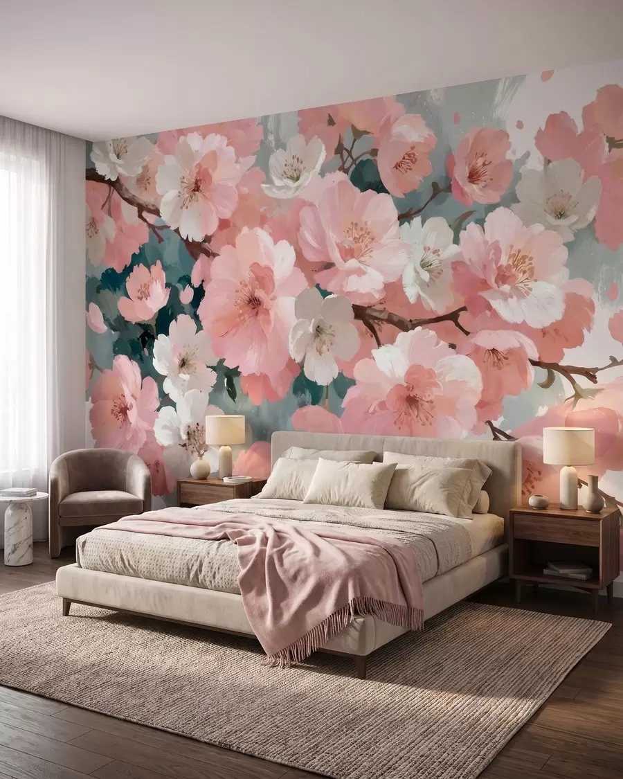 Papier peint photo Fleurs de cerisier en pleine floraison, roses et blanches, dans un style de peinture à l'huile w09912