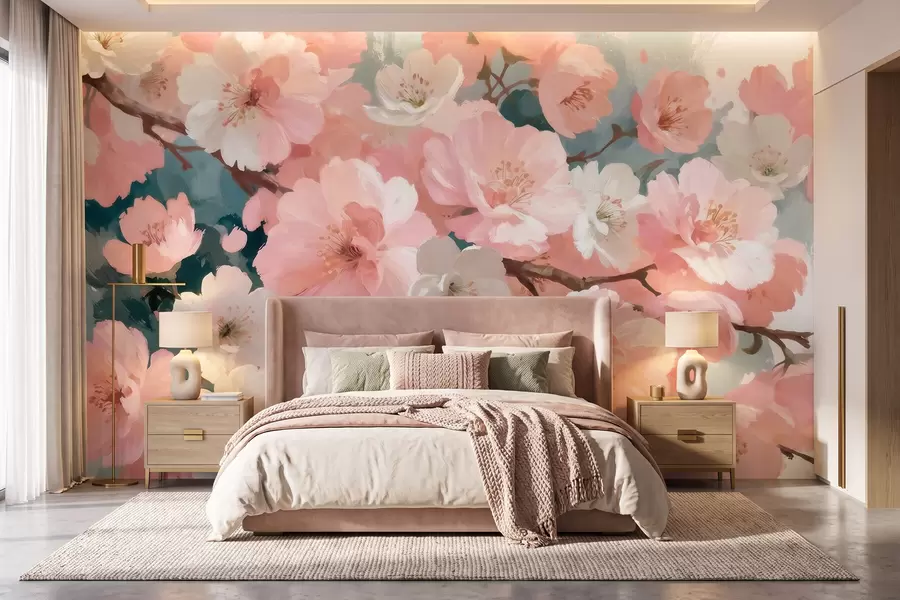 Papier peint photo Fleurs de cerisier en pleine floraison, roses et blanches, dans un style de peinture à l'huile w09912