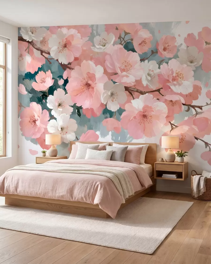 Papier peint photo Fleurs de cerisier en pleine floraison, roses et blanches, dans un style de peinture à l'huile w09912