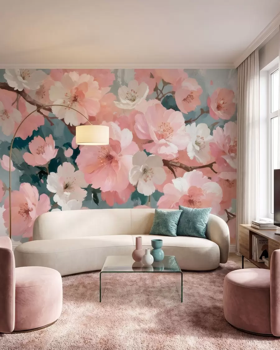Fotobehang Bloeiende kersenbloesems met roze en witte bloemen in olieverfstijl w09912