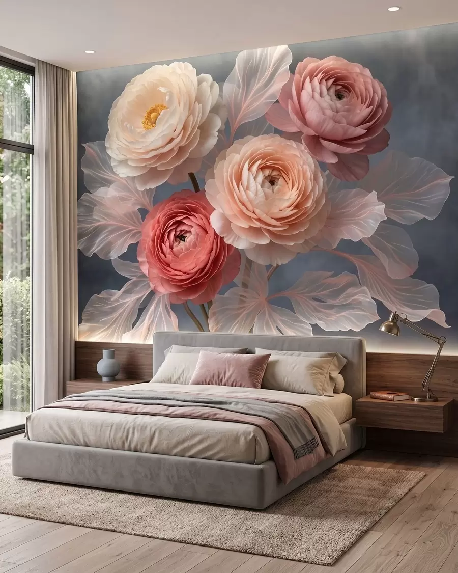 Papier peint photo Bouquet de pivoines et de renoncules dans des tons pêche et rose sur fond foncé w09926