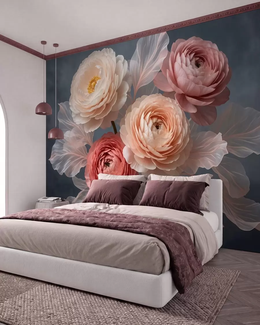 Papier peint photo Bouquet de pivoines et de renoncules dans des tons pêche et rose sur fond foncé w09926