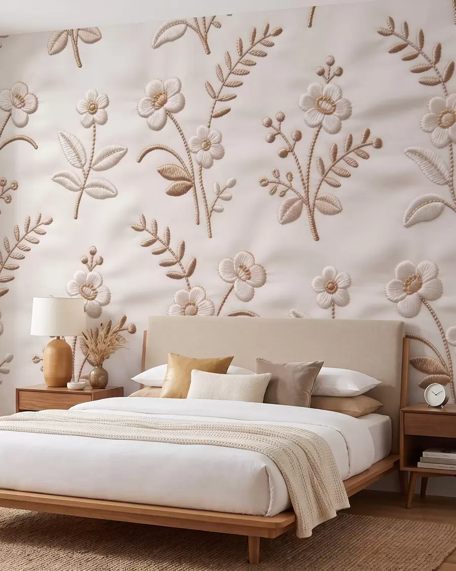 Papier peint photo Motif floral en broderie imitation, réalisé avec du fil jaune sur du tissu w09953