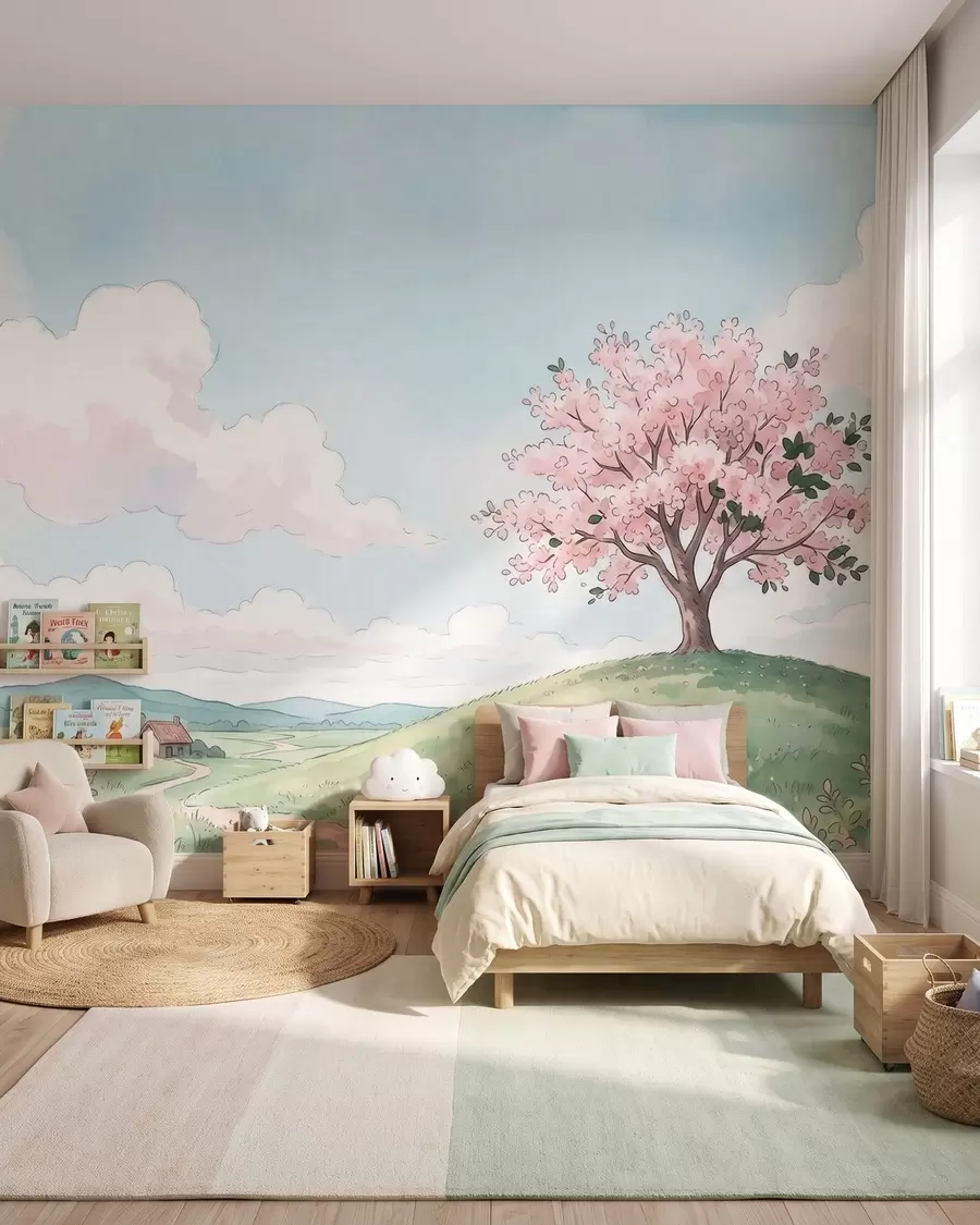 Papier peint photo Arbre en fleurs sur une colline verdoyante avec une petite maison au loin, paysage de style aquarelle w09954