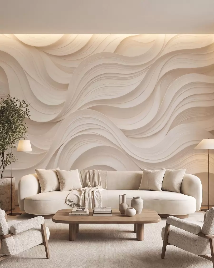 Fotobehang Abstracte golvende beige golven in 3D-stijl w09957