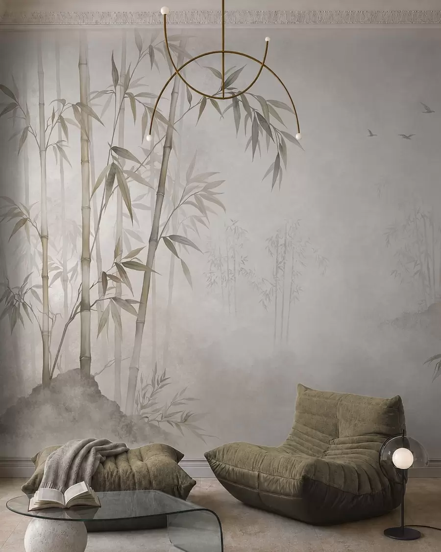 Fotobehang Een mistig bamboebos aan rustig water w05732