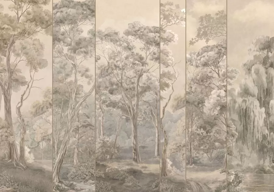 Papier peint photo Une forêt panoramique peuplée de grands arbres, aux teintes douces et chaudes w05811