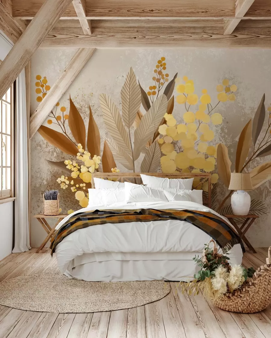 Fotobehang Geschilderde mimosa-takken en een herbarium in warme tinten w05659