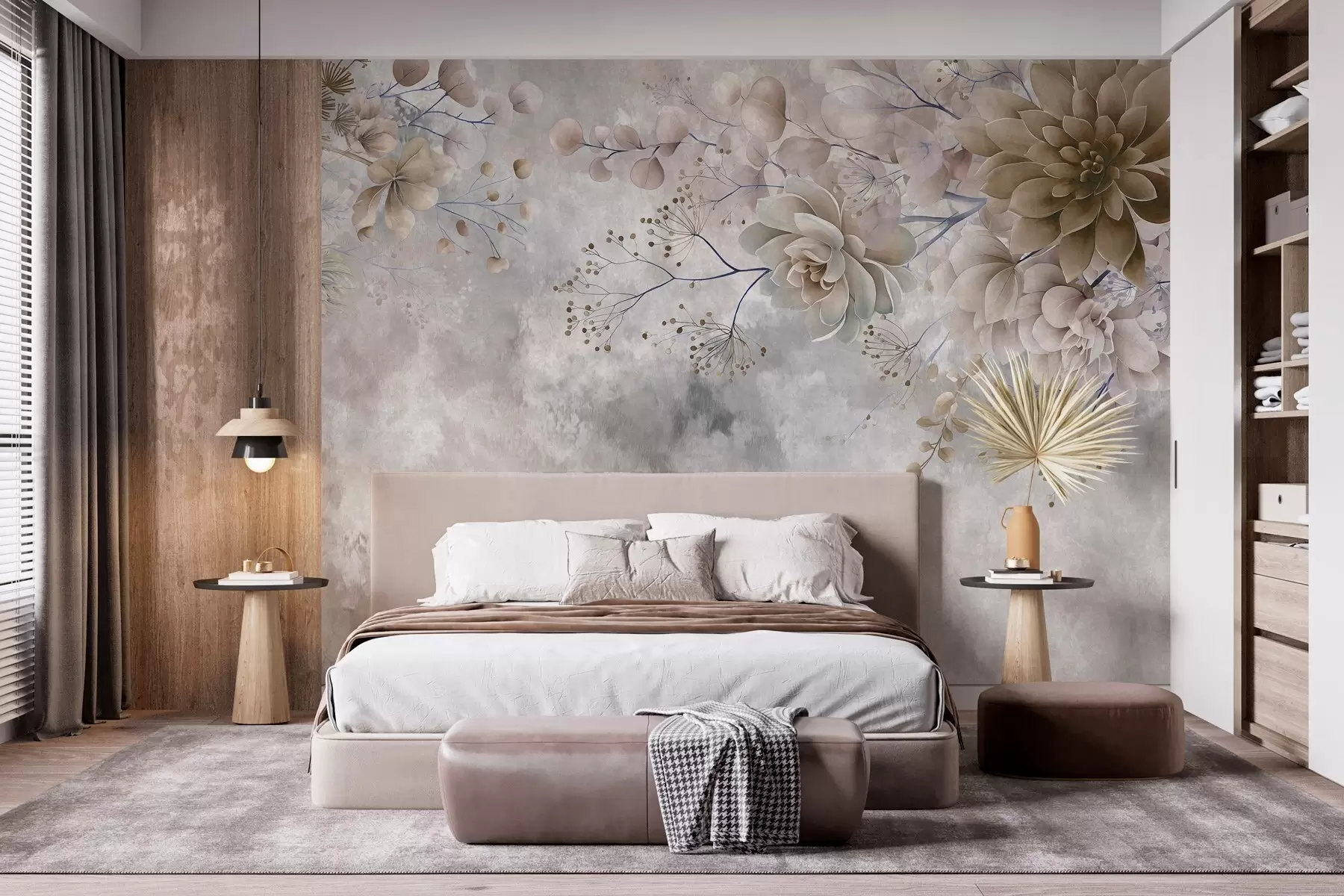 Fotobehang Fantasiebloemen in retrostijl op de afbeelding hierboven, in beige- en bruintinten w05753