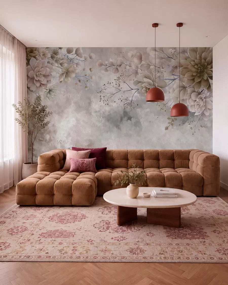 Fotobehang Fantasiebloemen in retrostijl op de afbeelding hierboven, in beige- en bruintinten w05753