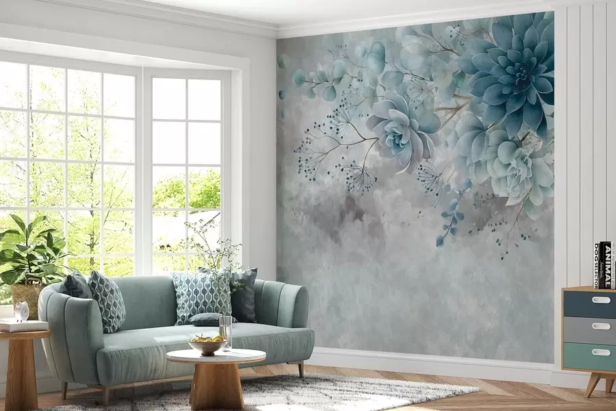 Papier peint photo Une vue plongeante sur des fleurs fantastiques de style rétro, dans des tons de bleu et de turquoise w05753v1