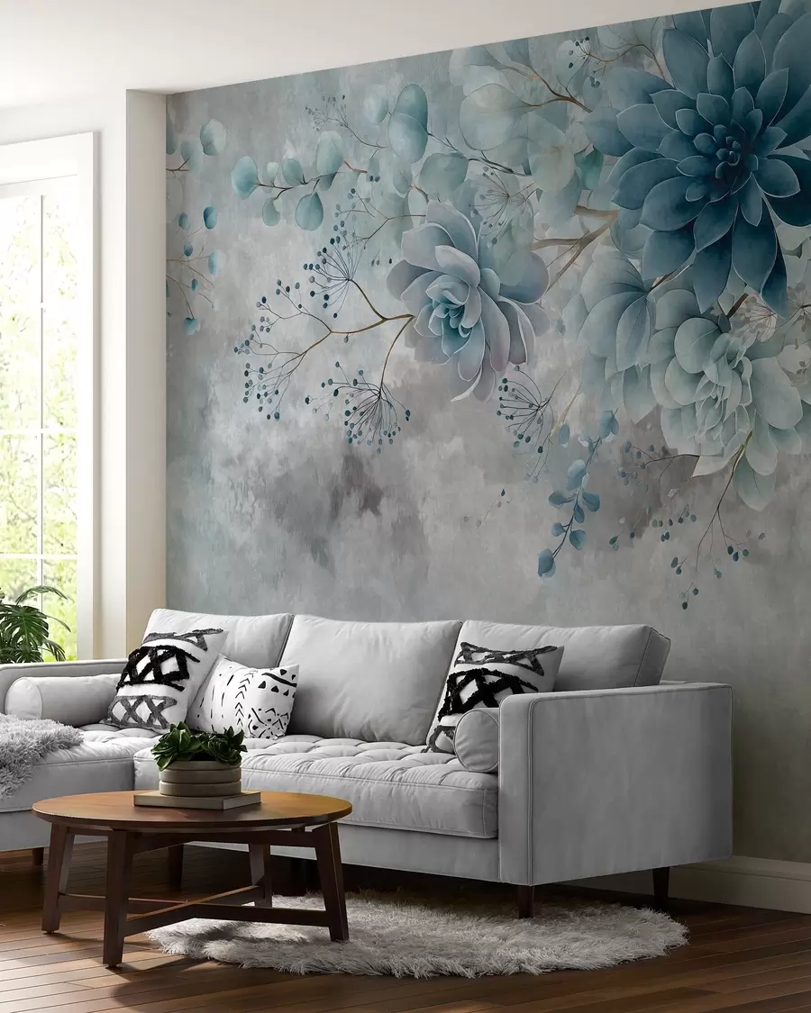 Papier peint photo Une vue plongeante sur des fleurs fantastiques de style rétro, dans des tons de bleu et de turquoise w05753v1
