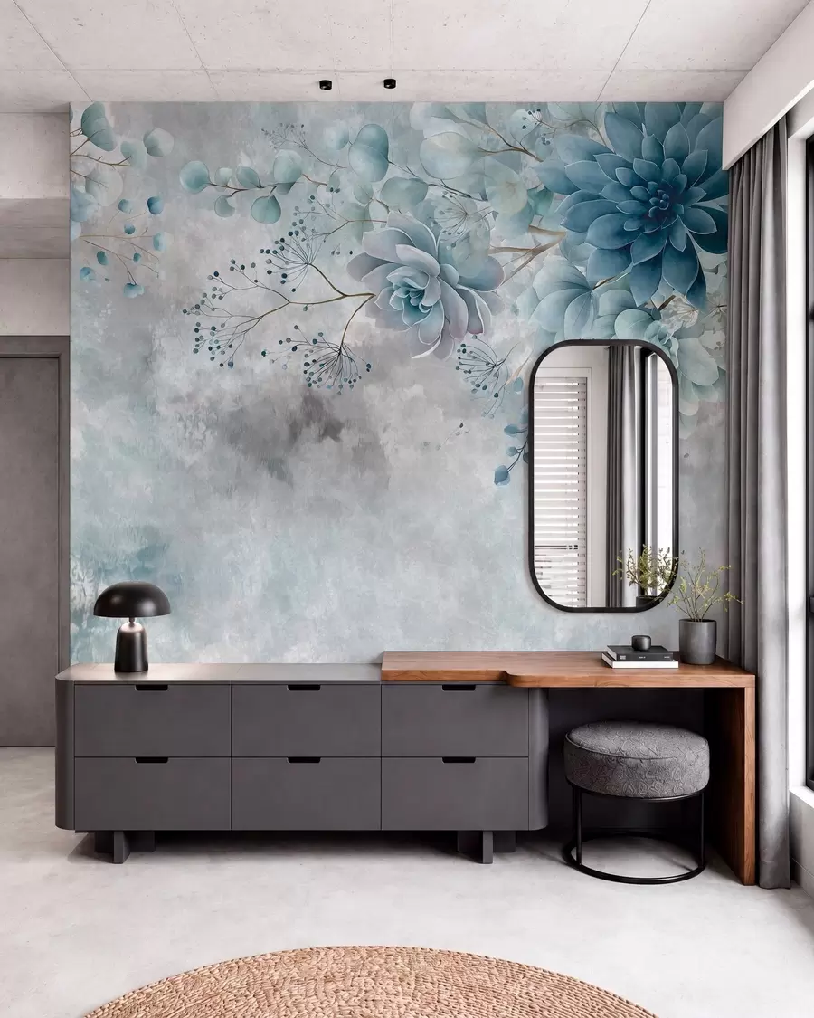 Papier peint photo Une vue plongeante sur des fleurs fantastiques de style rétro, dans des tons de bleu et de turquoise w05753v1