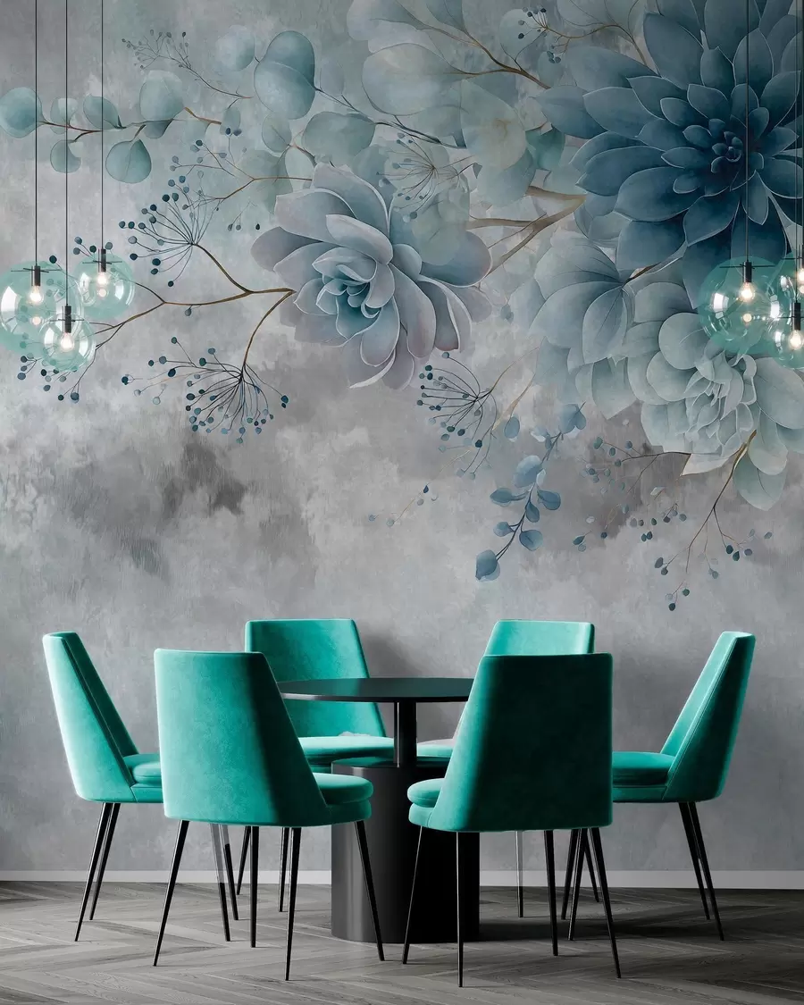 Papier peint photo Une vue plongeante sur des fleurs fantastiques de style rétro, dans des tons de bleu et de turquoise w05753v1