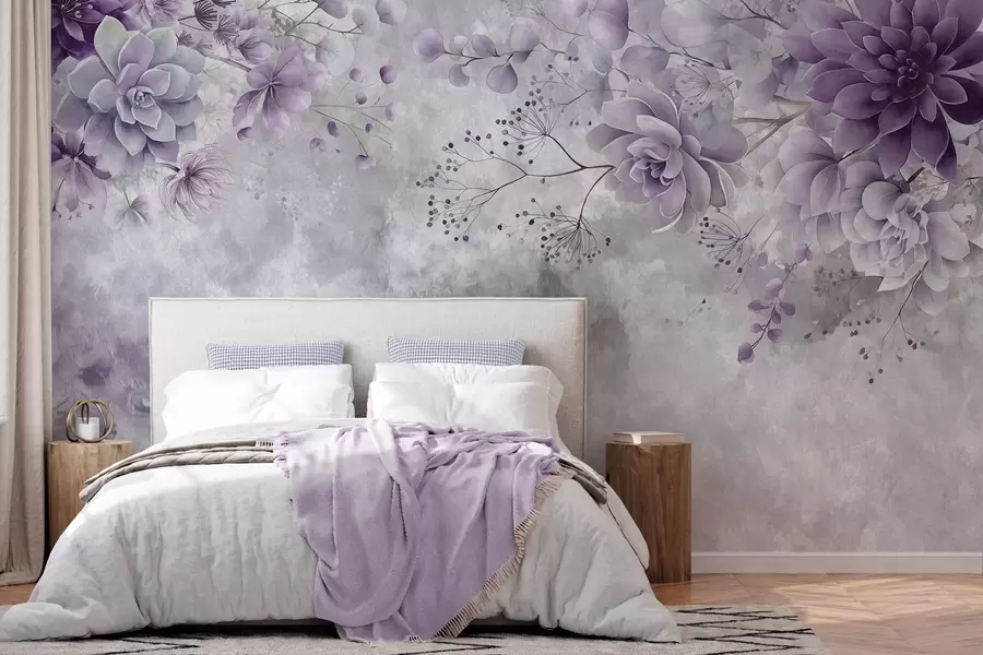 Papier peint photo Une vue plongeante sur des fleurs fantastiques de style rétro, dans des nuances de violet w05753v2