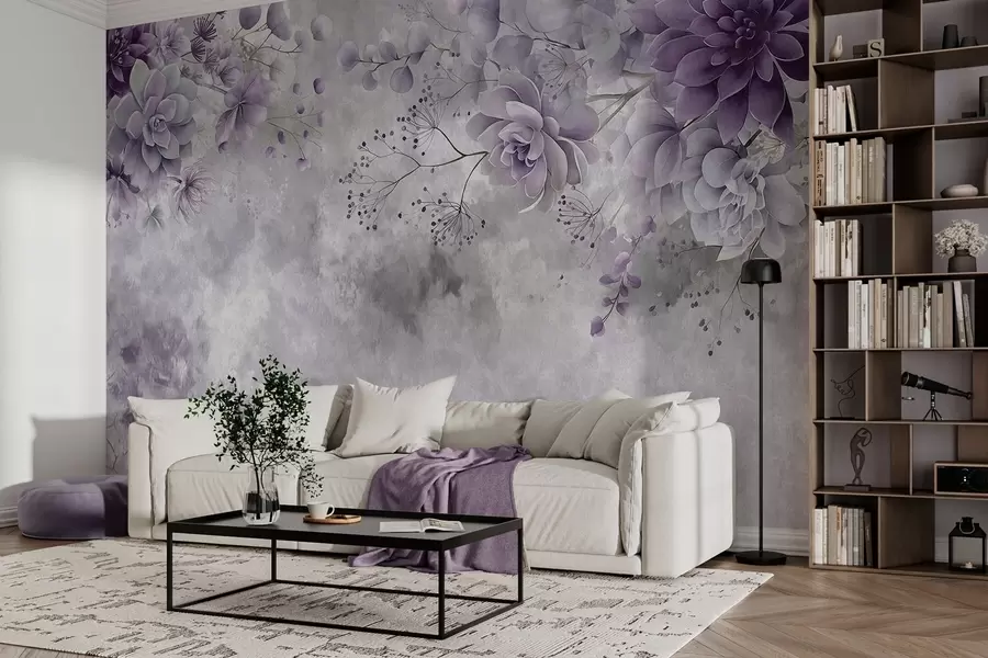 Fotobehang Een bovenaanzicht van fantasiebloemen in retrostijl, in paarse tinten w05753v2