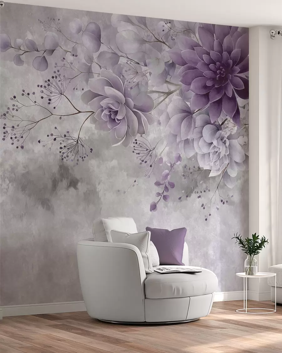 Papier peint photo Une vue plongeante sur des fleurs fantastiques de style rétro, dans des nuances de violet w05753v2