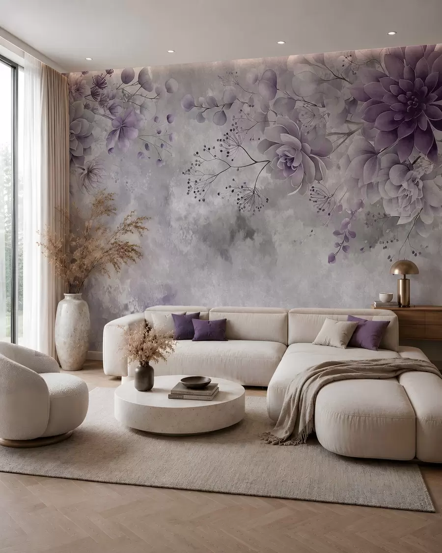 Fotobehang Een bovenaanzicht van fantasiebloemen in retrostijl, in paarse tinten w05753v2