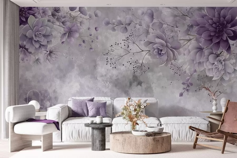 Papier peint photo Une vue plongeante sur des fleurs fantastiques de style rétro, dans des nuances de violet w05753v2