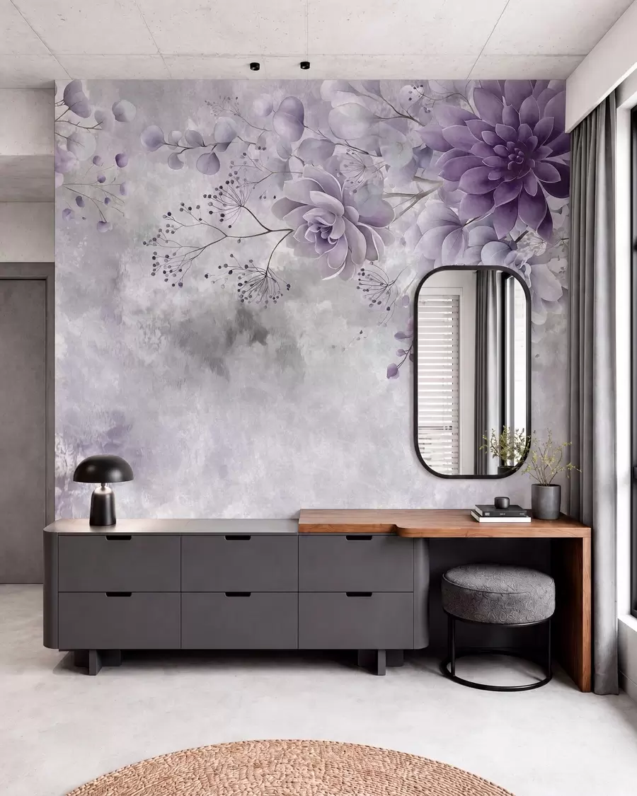Papier peint photo Une vue plongeante sur des fleurs fantastiques de style rétro, dans des nuances de violet w05753v2