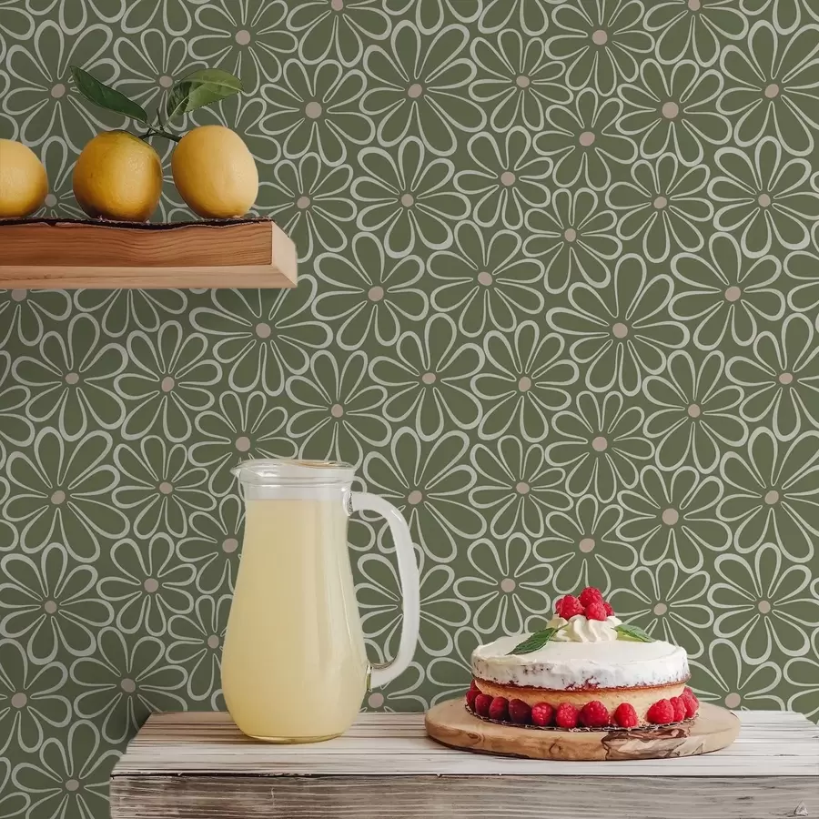 Fotobehang Grote bloemen met een omtrek op een groene achtergrond a01234