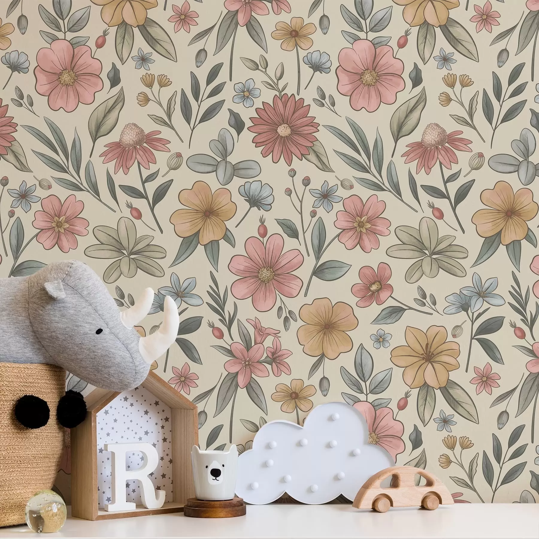 Papier peint photo Fleurs sauvages et feuillage aux tons pastel a01243