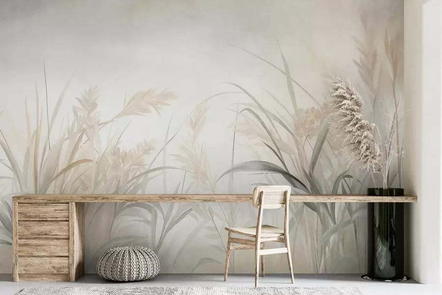 Fotobehang Hoog, dun gras en riet in zachte, gedempte tinten van beige, crème en groen, met een rijke textuur w09981