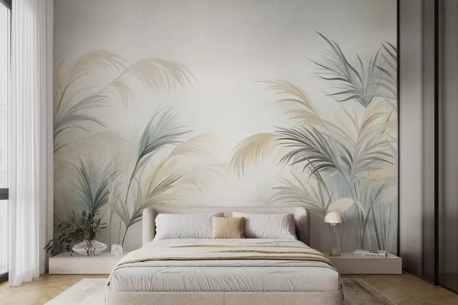 Fotobehang Hoge planten in ingetogen tinten beige, groen en grijs tegen een achtergrond met een zachte textuur w09984