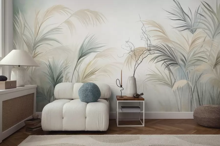 Fotobehang Hoge planten in ingetogen tinten beige, groen en grijs tegen een achtergrond met een zachte textuur w09984