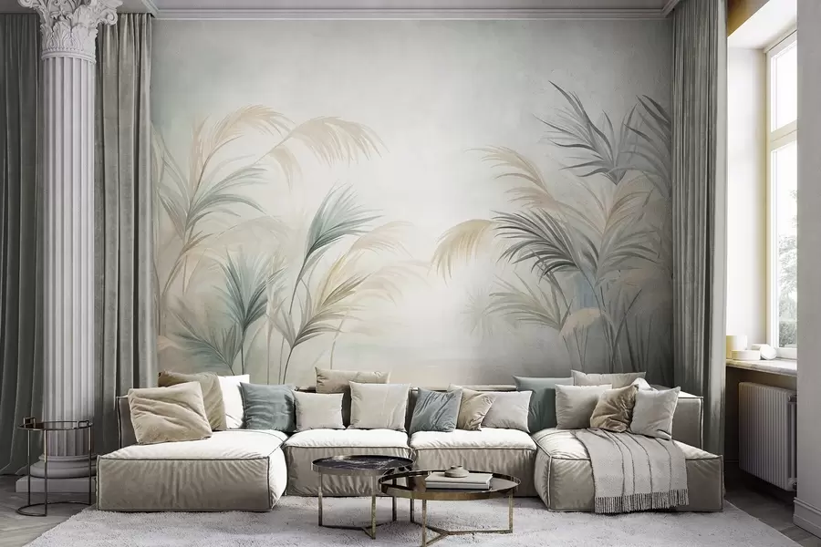 Fotobehang Hoge planten in ingetogen tinten beige, groen en grijs tegen een achtergrond met een zachte textuur w09984