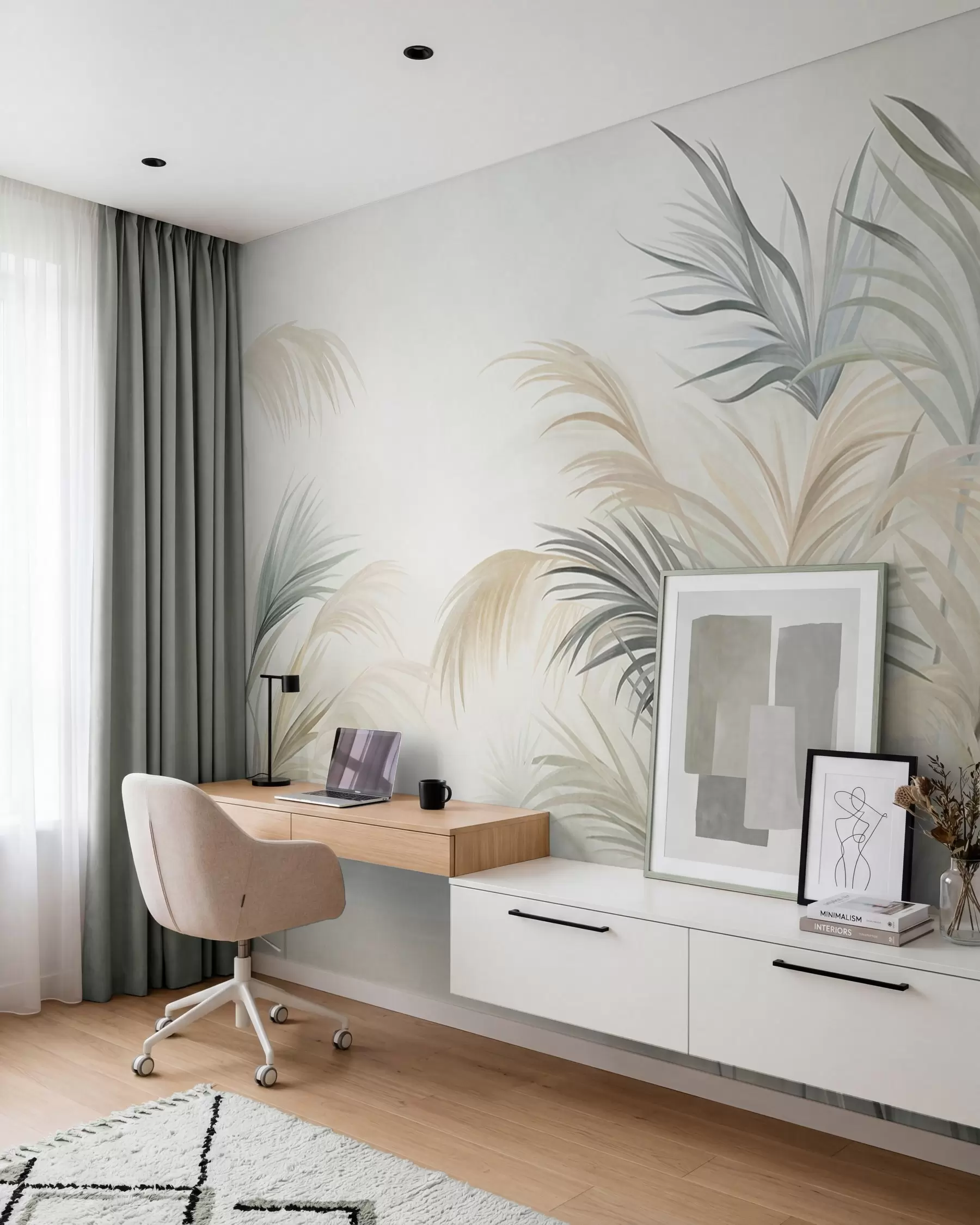 Fotobehang Hoge planten in ingetogen tinten beige, groen en grijs tegen een achtergrond met een zachte textuur w09984