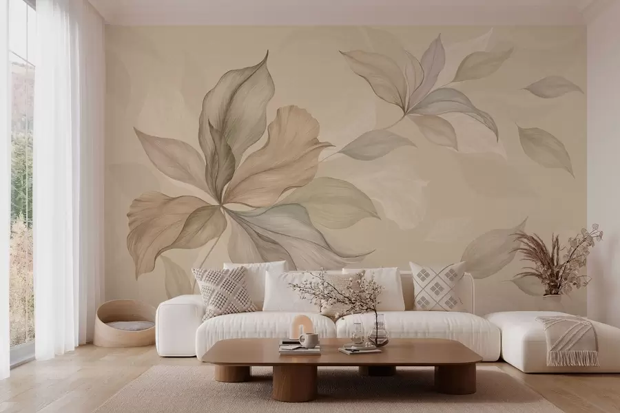 Fotobehang Grote decoratieve bladeren tegen een warme achtergrond w05733
