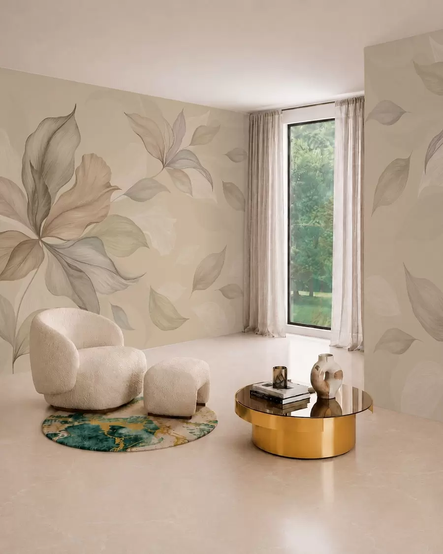 Papier peint photo De grandes feuilles décoratives sur un fond aux teintes chaudes w05733