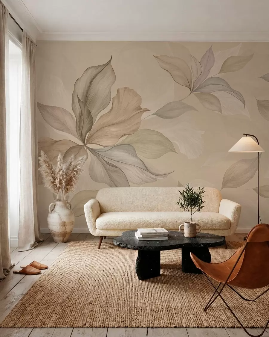 Papier peint photo De grandes feuilles décoratives sur un fond aux teintes chaudes w05733