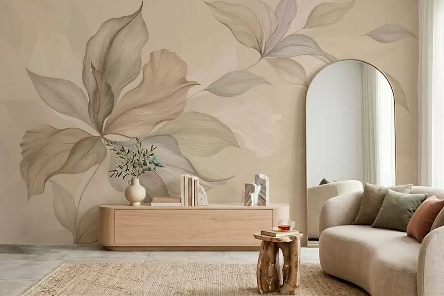 Papier peint photo De grandes feuilles décoratives sur un fond aux teintes chaudes w05733