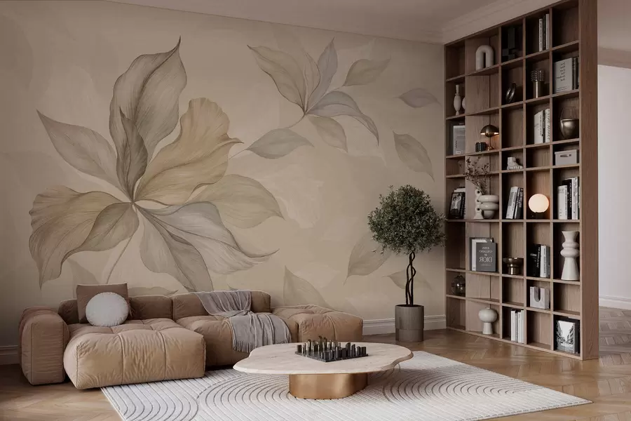 Fotobehang Grote decoratieve bladeren tegen een warme achtergrond w05733