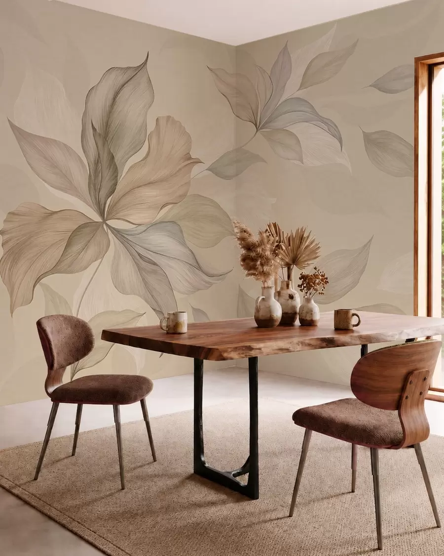 Papier peint photo De grandes feuilles décoratives sur un fond aux teintes chaudes w05733