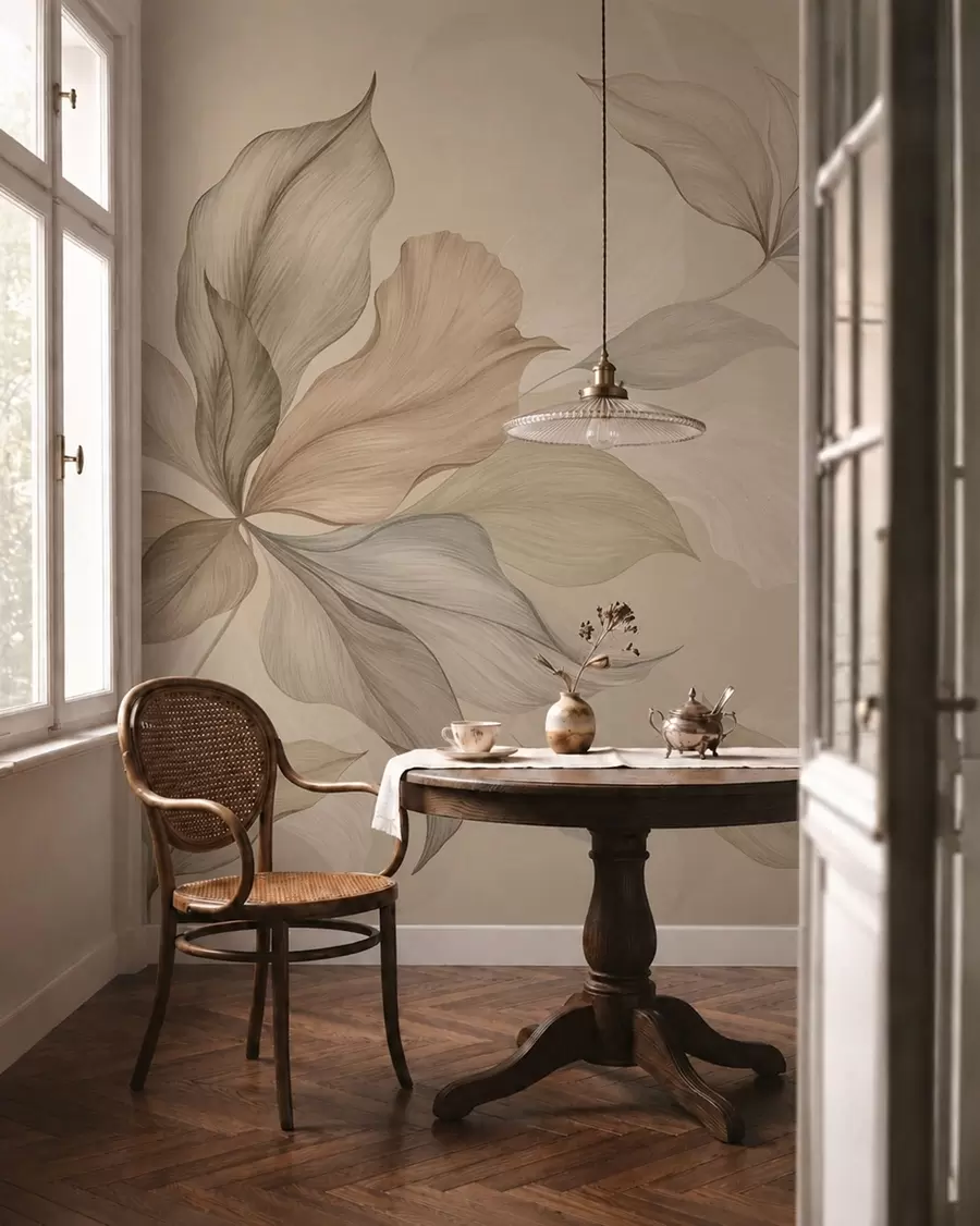 Papier peint photo De grandes feuilles décoratives sur un fond aux teintes chaudes w05733