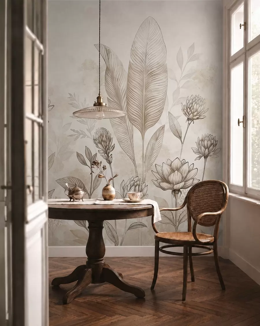 Fotobehang Botanische compositie met bloemen en bladeren w05802