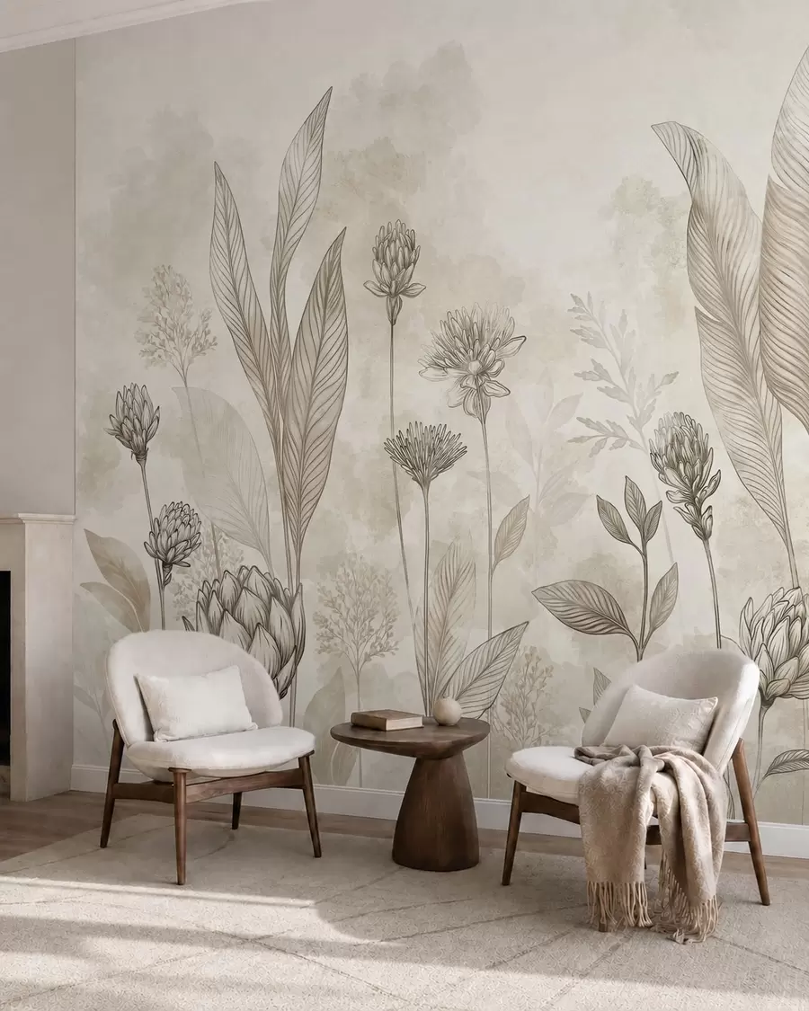 Fotobehang Botanische compositie met bloemen en bladeren w05802