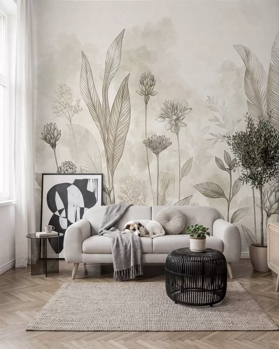 Fotobehang Botanische compositie met bloemen en bladeren w05802