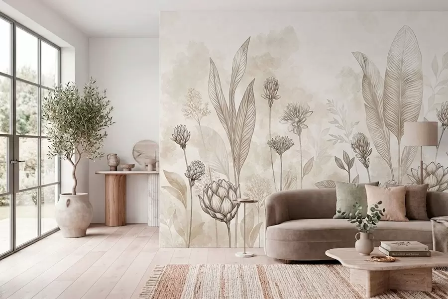 Fotobehang Botanische compositie met bloemen en bladeren w05802