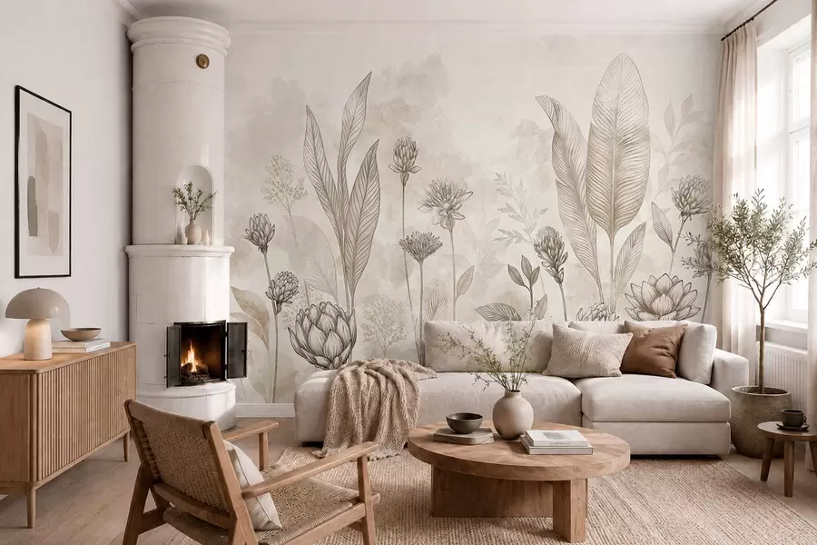 Fotobehang Botanische compositie met bloemen en bladeren w05802