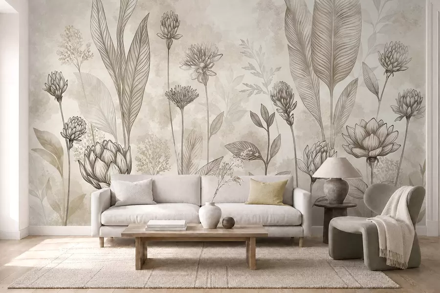 Fotobehang Botanische compositie met bloemen en bladeren w05802