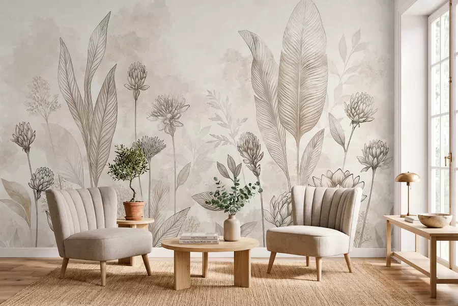Fotobehang Botanische compositie met bloemen en bladeren w05802