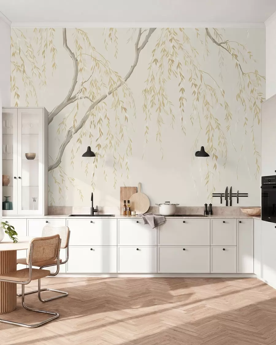 Fotobehang Hangende takken in lichtbeige tinten w05812v1